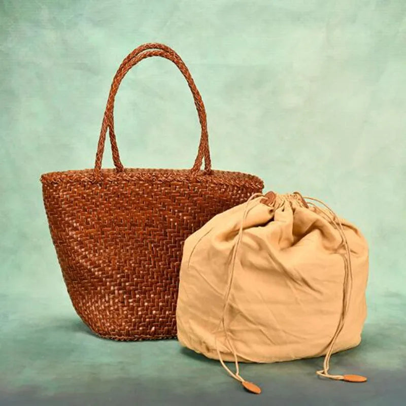 Weave Genuine Leather Handbag Tote Euro Fashion Shoulder Bag For Women 2024 New Brown Luxury Beach Shopping Bags