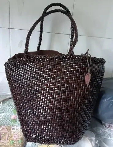 Weave Genuine Leather Handbag Tote Euro Fashion Shoulder Bag For Women 2024 New Brown Luxury Beach Shopping Bags