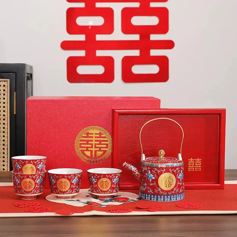 Wedding Tea Cup Enamel Colored Tea Cup Tea Pot Set Tea Set Wedding Celebration Tea Joy Tea Cup Creative High Grade Hand Gift