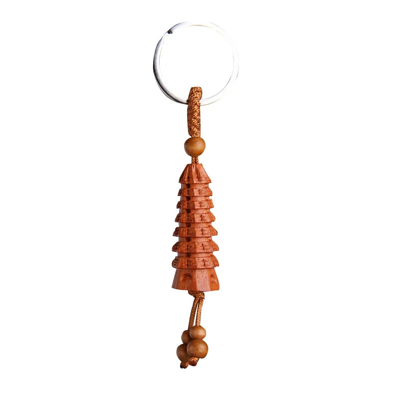 Wenchang Tower Peach Wood Keychain, Stereoscopic Car Keychain Pendant, Christmas Gift, Mascot, Fengshui