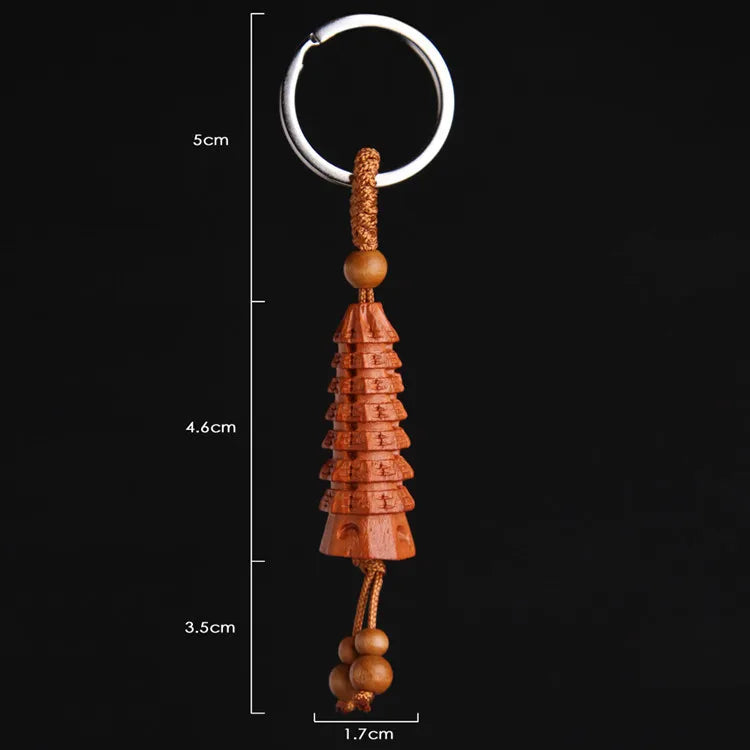 Wenchang Tower Peach Wood Keychain, Stereoscopic Car Keychain Pendant, Christmas Gift, Mascot, Fengshui