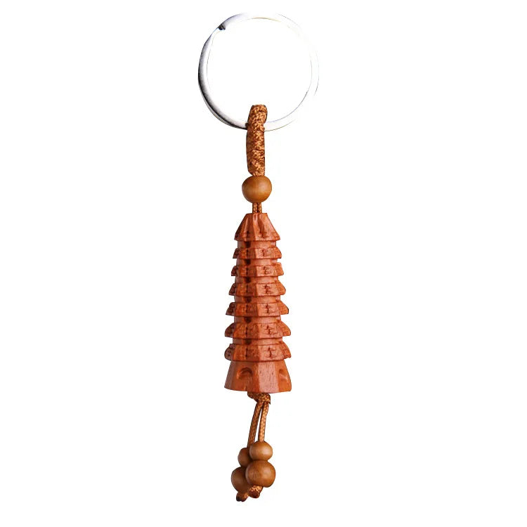 Wenchang Tower Peach Wood Keychain, Stereoscopic Car Keychain Pendant, Christmas Gift, Mascot, Fengshui