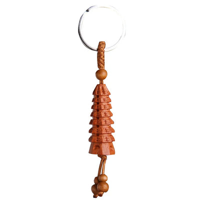 Wenchang Tower Peach Wood Keychain, Stereoscopic Car Keychain Pendant, Christmas Gift, Mascot, Fengshui
