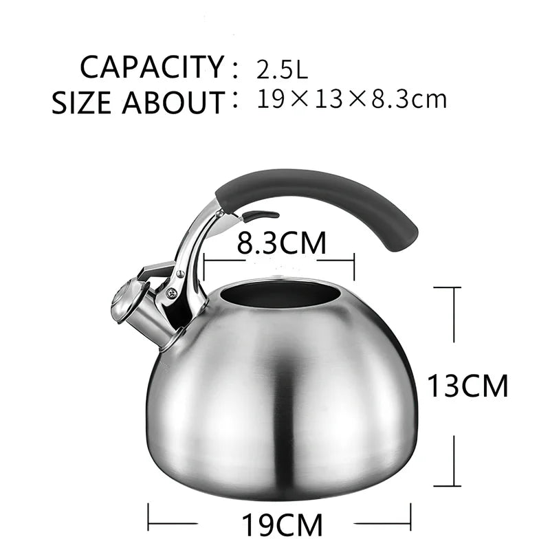 Whistling Kettle Large Teapot Boil Water 2.5L 304 Stainless Steel Teakettle Food Grade Household Gas Stove Induction Cooker
