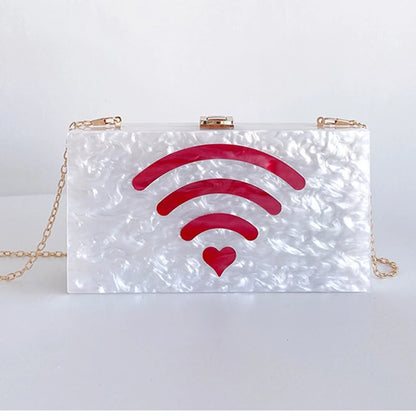 White Acrylic Wifi Pattern Woman Evening Purse Dinner Party Gift Bag Wedding Bridal Gala Handbag Toted Fashion Ladies Clutches