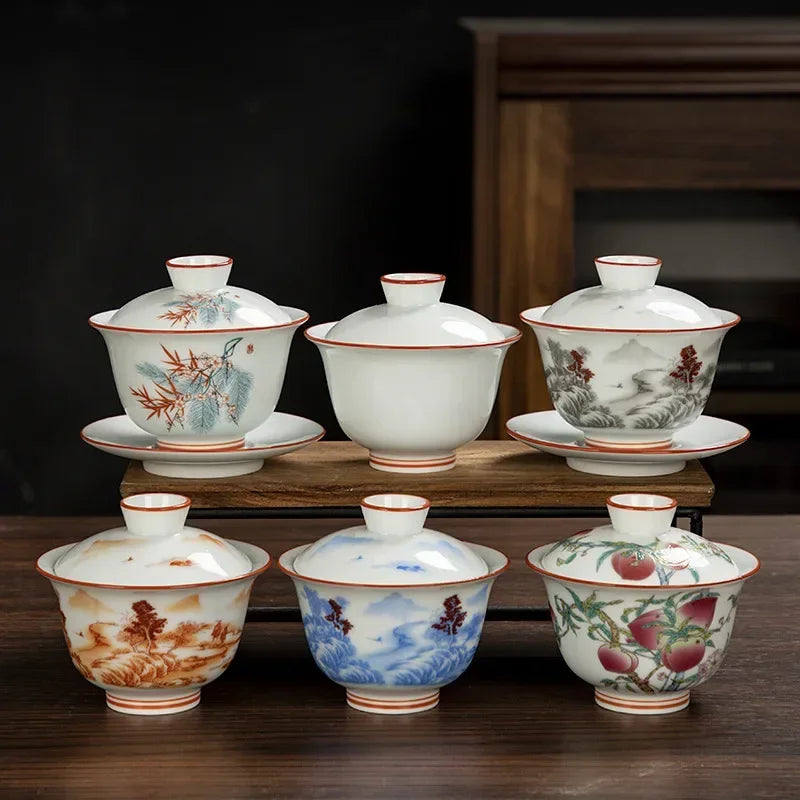 White Chinese Style Sancai Gaiwan Tea Cup, Single Manual Painting, Golden Porcelain Brewing Bowl with Cover, Non-Scald Household