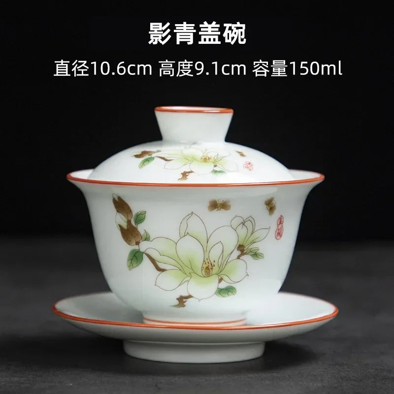 White Chinese Style Sancai Gaiwan Tea Cup, Single Manual Painting, Golden Porcelain Brewing Bowl with Cover, Non-Scald Household