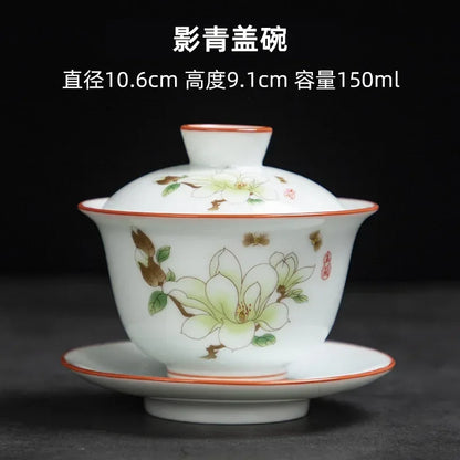 White Chinese Style Sancai Gaiwan Tea Cup, Single Manual Painting, Golden Porcelain Brewing Bowl with Cover, Non-Scald Household