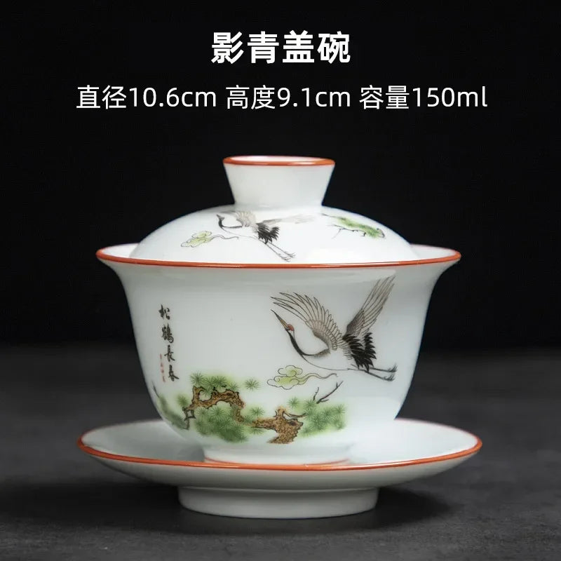 White Chinese Style Sancai Gaiwan Tea Cup, Single Manual Painting, Golden Porcelain Brewing Bowl with Cover, Non-Scald Household