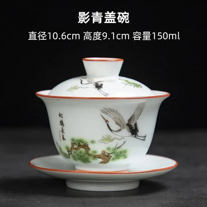 White Chinese Style Sancai Gaiwan Tea Cup, Single Manual Painting, Golden Porcelain Brewing Bowl with Cover, Non-Scald Household
