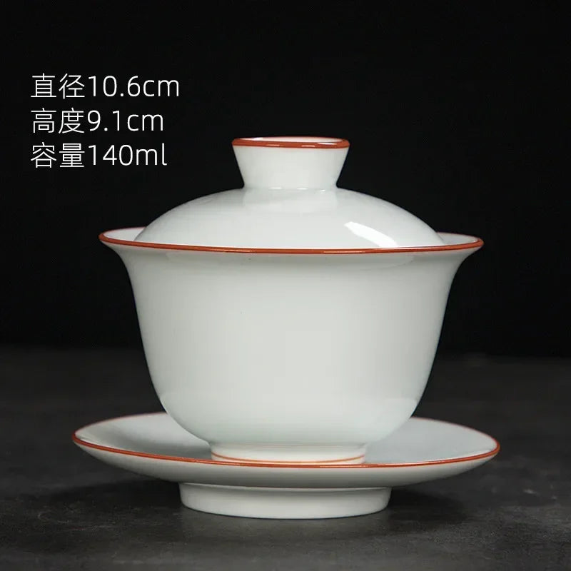 White Chinese Style Sancai Gaiwan Tea Cup, Single Manual Painting, Golden Porcelain Brewing Bowl with Cover, Non-Scald Household