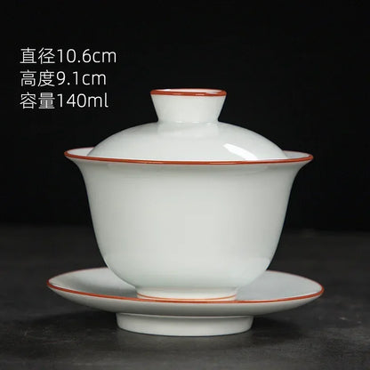 White Chinese Style Sancai Gaiwan Tea Cup, Single Manual Painting, Golden Porcelain Brewing Bowl with Cover, Non-Scald Household