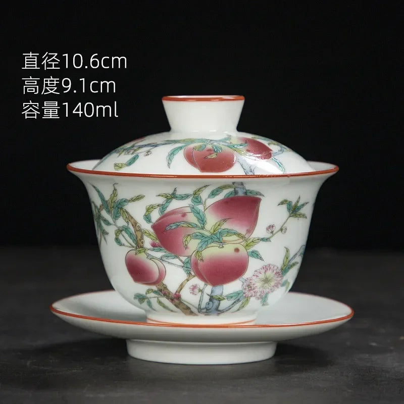White Chinese Style Sancai Gaiwan Tea Cup, Single Manual Painting, Golden Porcelain Brewing Bowl with Cover, Non-Scald Household