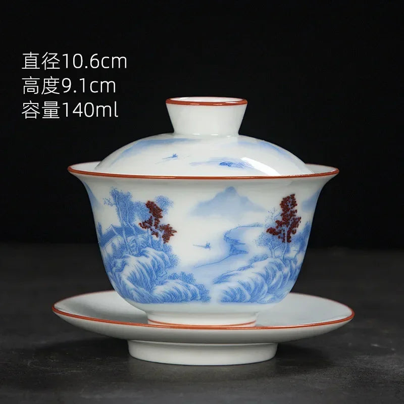 White Chinese Style Sancai Gaiwan Tea Cup, Single Manual Painting, Golden Porcelain Brewing Bowl with Cover, Non-Scald Household