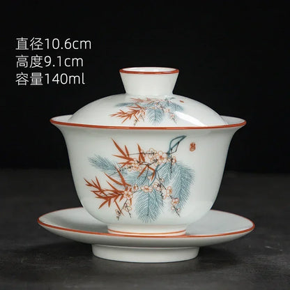 White Chinese Style Sancai Gaiwan Tea Cup, Single Manual Painting, Golden Porcelain Brewing Bowl with Cover, Non-Scald Household