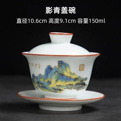 White Chinese Style Sancai Gaiwan Tea Cup, Single Manual Painting, Golden Porcelain Brewing Bowl with Cover, Non-Scald Household