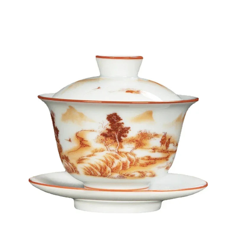 White Chinese Style Sancai Gaiwan Tea Cup, Single Manual Painting, Golden Porcelain Brewing Bowl with Cover, Non-Scald Household