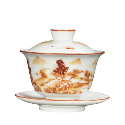 White Chinese Style Sancai Gaiwan Tea Cup, Single Manual Painting, Golden Porcelain Brewing Bowl with Cover, Non-Scald Household
