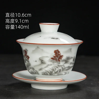 White Chinese Style Sancai Gaiwan Tea Cup, Single Manual Painting, Golden Porcelain Brewing Bowl with Cover, Non-Scald Household