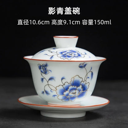 White Chinese Style Sancai Gaiwan Tea Cup, Single Manual Painting, Golden Porcelain Brewing Bowl with Cover, Non-Scald Household