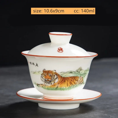 White Fat Jade Ceramic Teacup Sancai Gaiwan with Lid Tea Infuser Chinese Porcelain Tea Set Handmade White Porcelain Teabowl