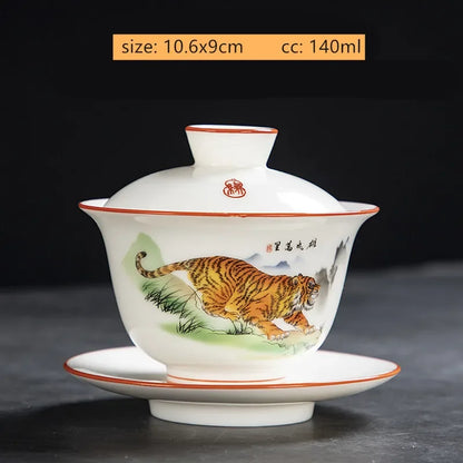 White Fat Jade Ceramic Teacup Sancai Gaiwan with Lid Tea Infuser Chinese Porcelain Tea Set Handmade White Porcelain Teabowl