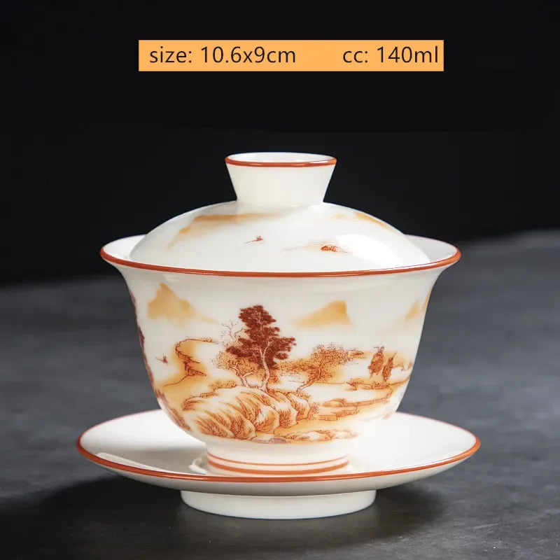 White Fat Jade Ceramic Teacup Sancai Gaiwan with Lid Tea Infuser Chinese Porcelain Tea Set Handmade White Porcelain Teabowl