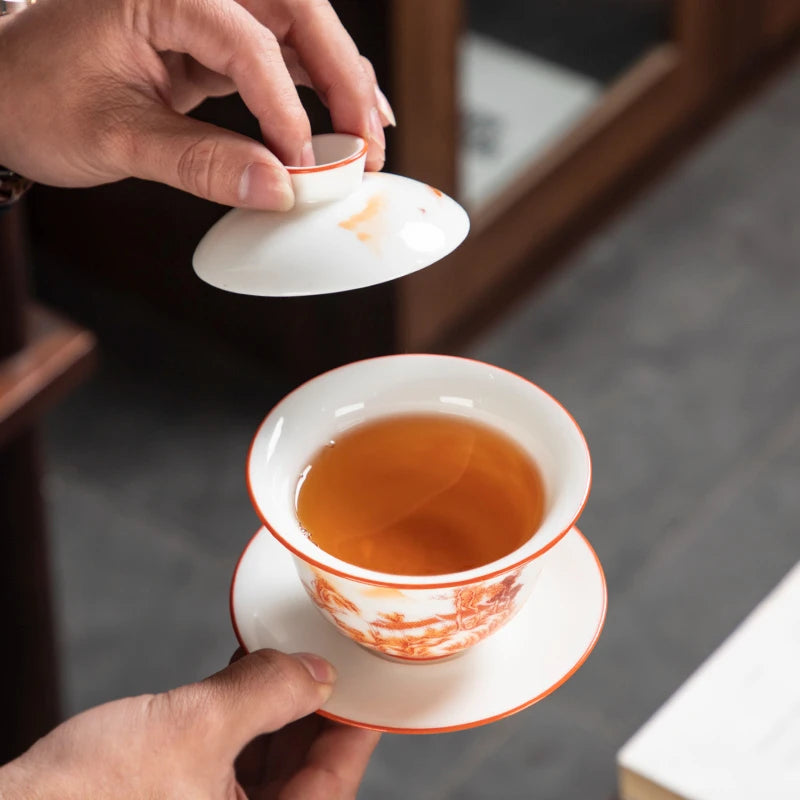 White Fat Jade Ceramic Teacup Sancai Gaiwan with Lid Tea Infuser Chinese Porcelain Tea Set Handmade White Porcelain Teabowl