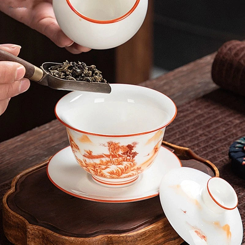 White Fat Jade Ceramic Teacup Sancai Gaiwan with Lid Tea Infuser Chinese Porcelain Tea Set Handmade White Porcelain Teabowl