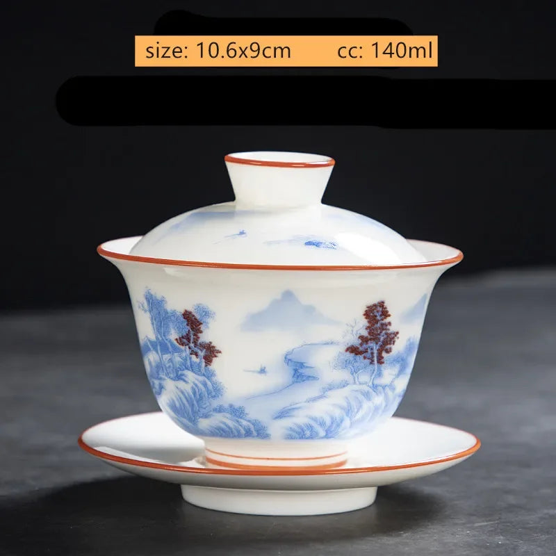 White Fat Jade Ceramic Teacup Sancai Gaiwan with Lid Tea Infuser Chinese Porcelain Tea Set Handmade White Porcelain Teabowl
