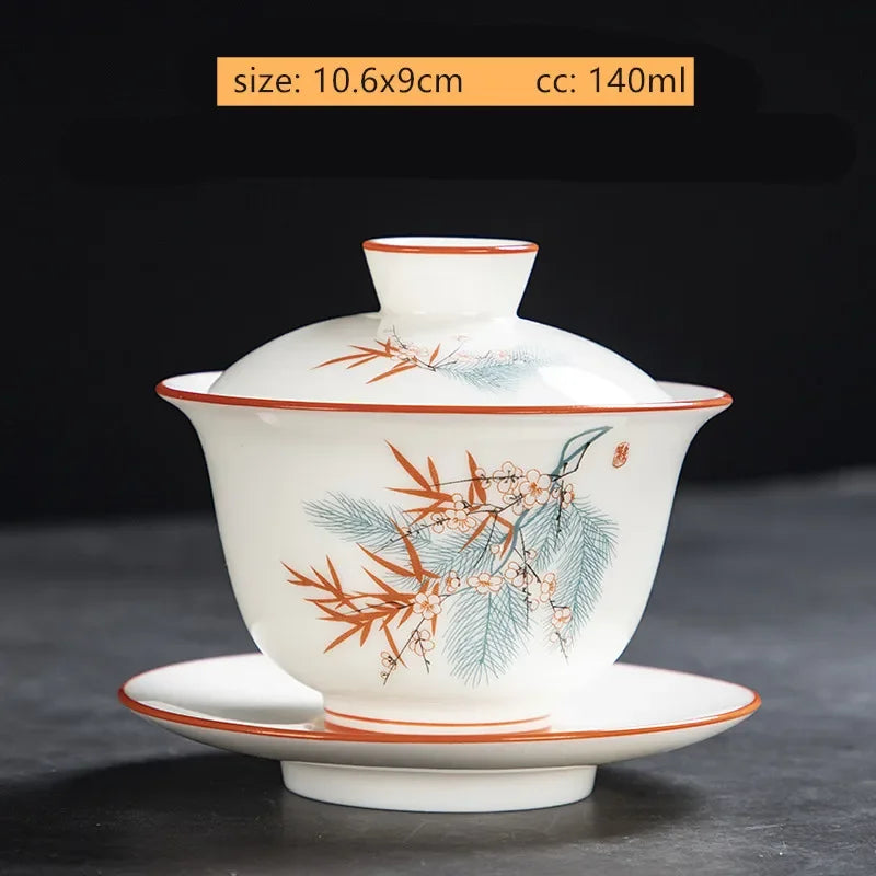 White Fat Jade Ceramic Teacup Sancai Gaiwan with Lid Tea Infuser Chinese Porcelain Tea Set Handmade White Porcelain Teabowl