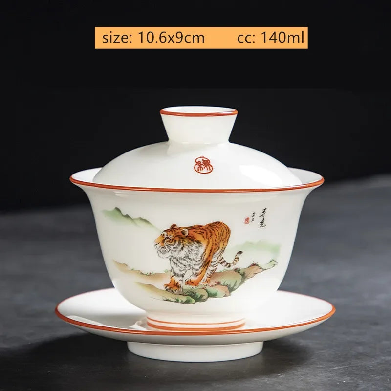 White Fat Jade Ceramic Teacup Sancai Gaiwan with Lid Tea Infuser Chinese Porcelain Tea Set Handmade White Porcelain Teabowl