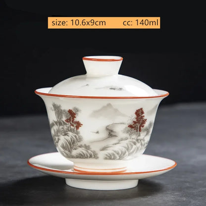 White Fat Jade Ceramic Teacup Sancai Gaiwan with Lid Tea Infuser Chinese Porcelain Tea Set Handmade White Porcelain Teabowl