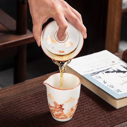 White Fat Jade Ceramic Teacup Sancai Gaiwan with Lid Tea Infuser Chinese Porcelain Tea Set Handmade White Porcelain Teabowl