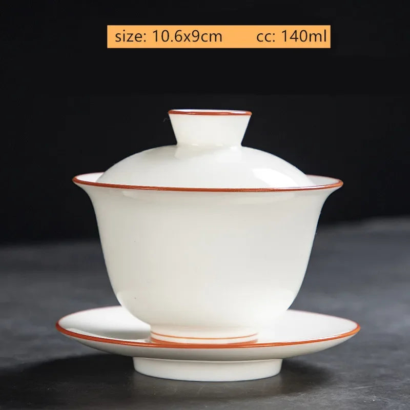 White Fat Jade Ceramic Teacup Sancai Gaiwan with Lid Tea Infuser Chinese Porcelain Tea Set Handmade White Porcelain Teabowl