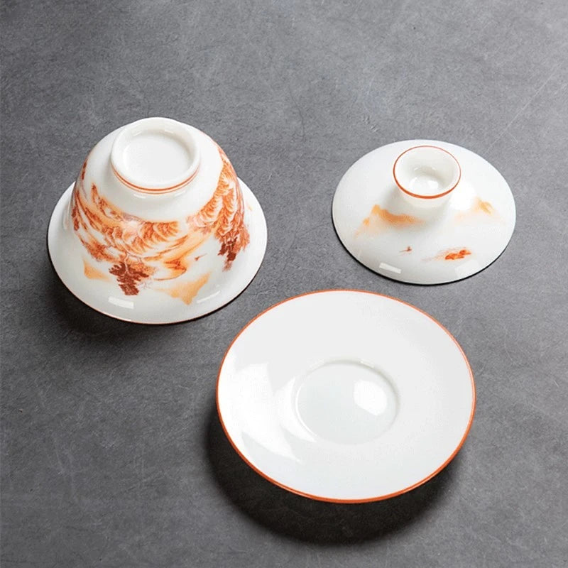 White Fat Jade Ceramic Teacup Sancai Gaiwan with Lid Tea Infuser Chinese Porcelain Tea Set Handmade White Porcelain Teabowl