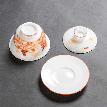 White Fat Jade Ceramic Teacup Sancai Gaiwan with Lid Tea Infuser Chinese Porcelain Tea Set Handmade White Porcelain Teabowl