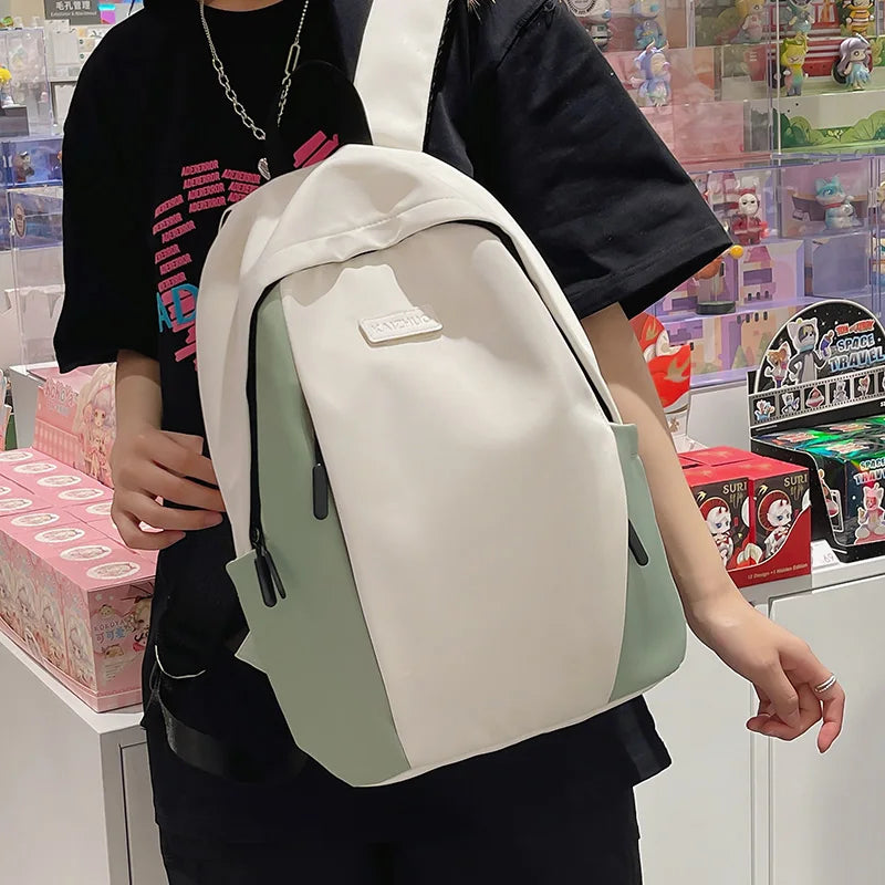 White Green Color-Blocking Waterproof Nylon Travel Backpack Fashion Stitching Design School Bag Suitable For Teen Schoolgirls