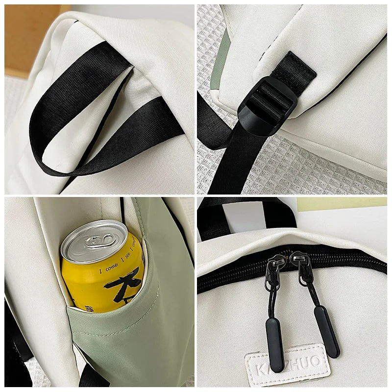 White Green Color-Blocking Waterproof Nylon Travel Backpack Fashion Stitching Design School Bag Suitable For Teen Schoolgirls