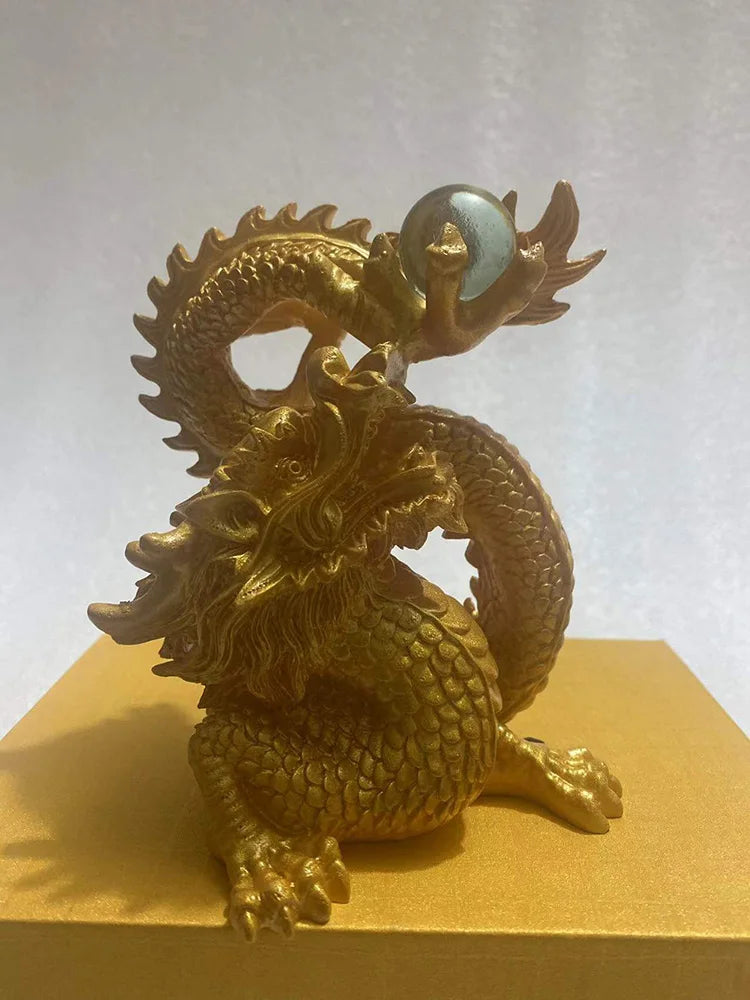 White Plate Dragon Play Beads Mascot Sculpture Statue，Modern art sculpture，High-end home decorations，Chinese mascot gift statue
