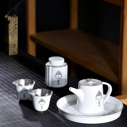 White Porcelain Ask Buddha Tea set Bubble Teapot Tray Teacup Silver Plating Inside Home Kung Fu Black Tea Da Hong Pao Teaware