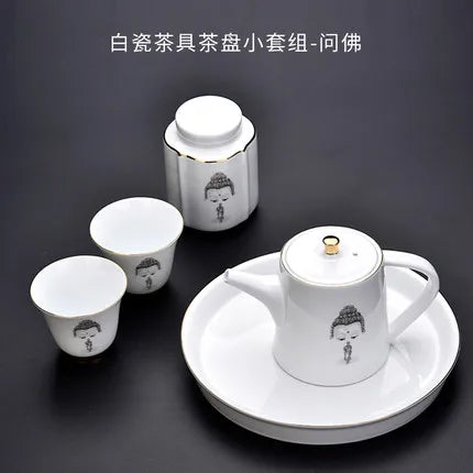 White Porcelain Ask Buddha Tea set Bubble Teapot Tray Teacup Silver Plating Inside Home Kung Fu Black Tea Da Hong Pao Teaware