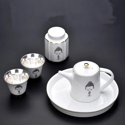 White Porcelain Ask Buddha Tea set Bubble Teapot Tray Teacup Silver Plating Inside Home Kung Fu Black Tea Da Hong Pao Teaware