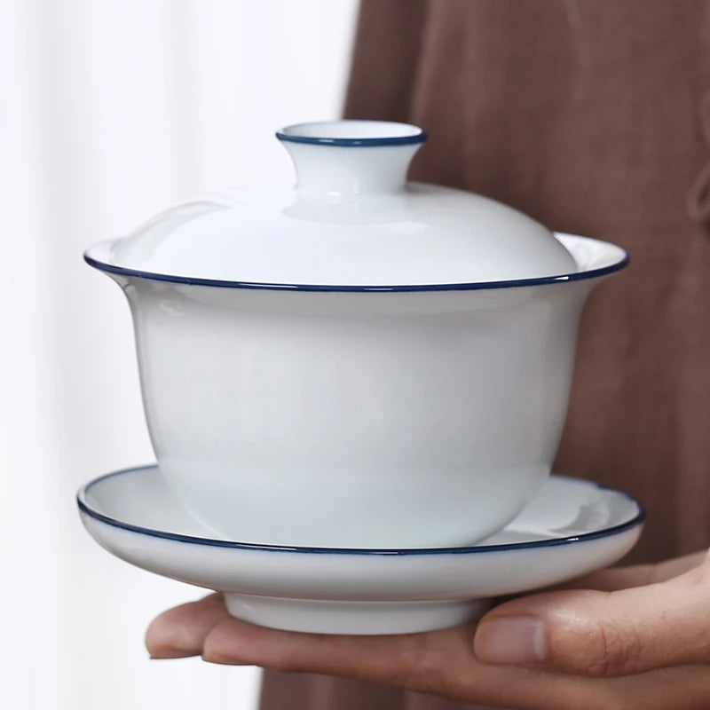 White Porcelain Cover Bowl, Hand-painted, Sancai Gaiwan, Large Blue and White Ceramic, Kungfu Tea Set, Tea Maker