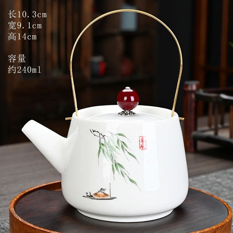 White Porcelain Kungfu Teapot with Handle Traditional Chinese Tea Brewing Handcrafted Tea Pots Home Ceramic Teaware Tea Set