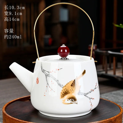 White Porcelain Kungfu Teapot with Handle Traditional Chinese Tea Brewing Handcrafted Tea Pots Home Ceramic Teaware Tea Set