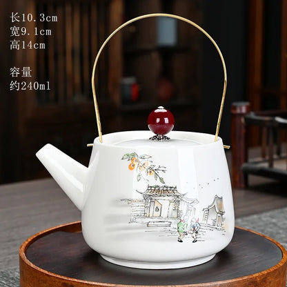 White Porcelain Kungfu Teapot with Handle Traditional Chinese Tea Brewing Handcrafted Tea Pots Home Ceramic Teaware Tea Set