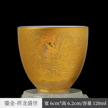 White Porcelain Single Mutton Fat Jade Tea Cup Heart Sutra24KGold Master Cup Ceramic Gilding Tea Cup Kung Fu Tea Cup