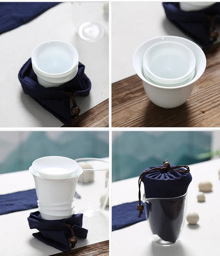 White ceramic teapot gaiwan with 3 cups 4 cups gaiwan tea sets portable travel tea sets drinkware