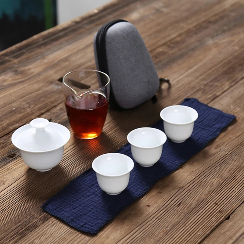 White ceramic teapot gaiwan with 3 cups 4 cups gaiwan tea sets portable travel tea sets drinkware